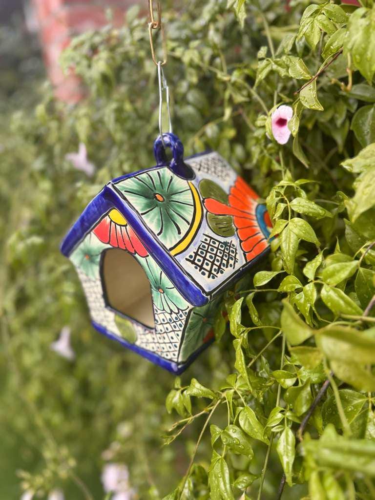 Ceramic Bird Feeder Talavera Pottery, Decorative Outdoor Hanging Feeder Station, Handmade Mexican Pottery Attract Wild Birds