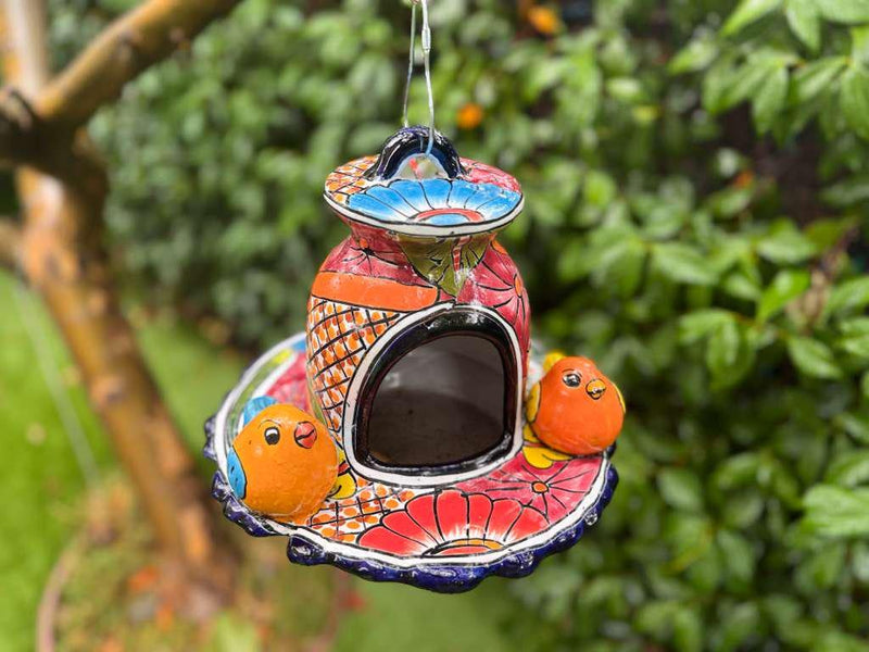 Ceramic Bird Feeder Talavera Pottery, Decorative Outdoor Hanging Feeder Station with Chain, Handmade Mexican Pottery Attract Wild Birds