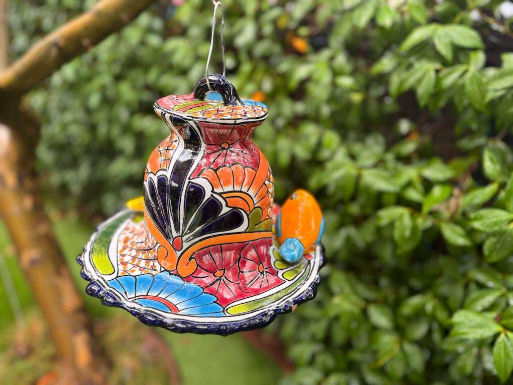 Ceramic Bird Feeder Talavera Pottery, Decorative Outdoor Hanging Feeder Station with Chain, Handmade Mexican Pottery Attract Wild Birds