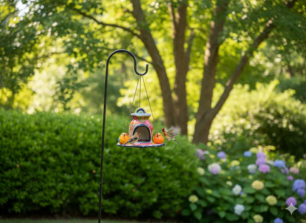 Ceramic Bird Feeder Talavera Pottery, Decorative Outdoor Hanging Feeder Station with Chain, Handmade Mexican Pottery Attract Wild Birds