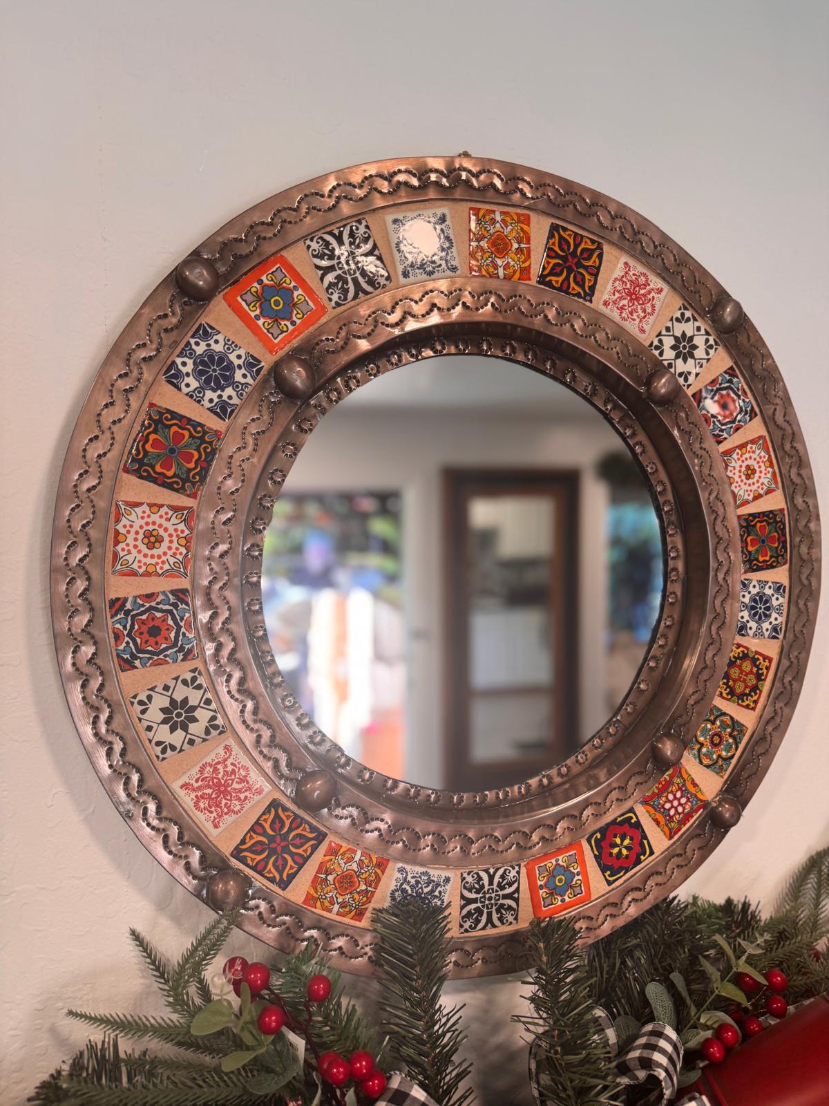 Talavera Tile & Punched Tin Mirror | Indoor Mexican Decor