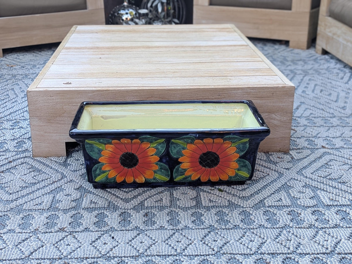 Window Box Planter is Handmade Talavera Mexican Pottery with a Sunflower Lily Motif