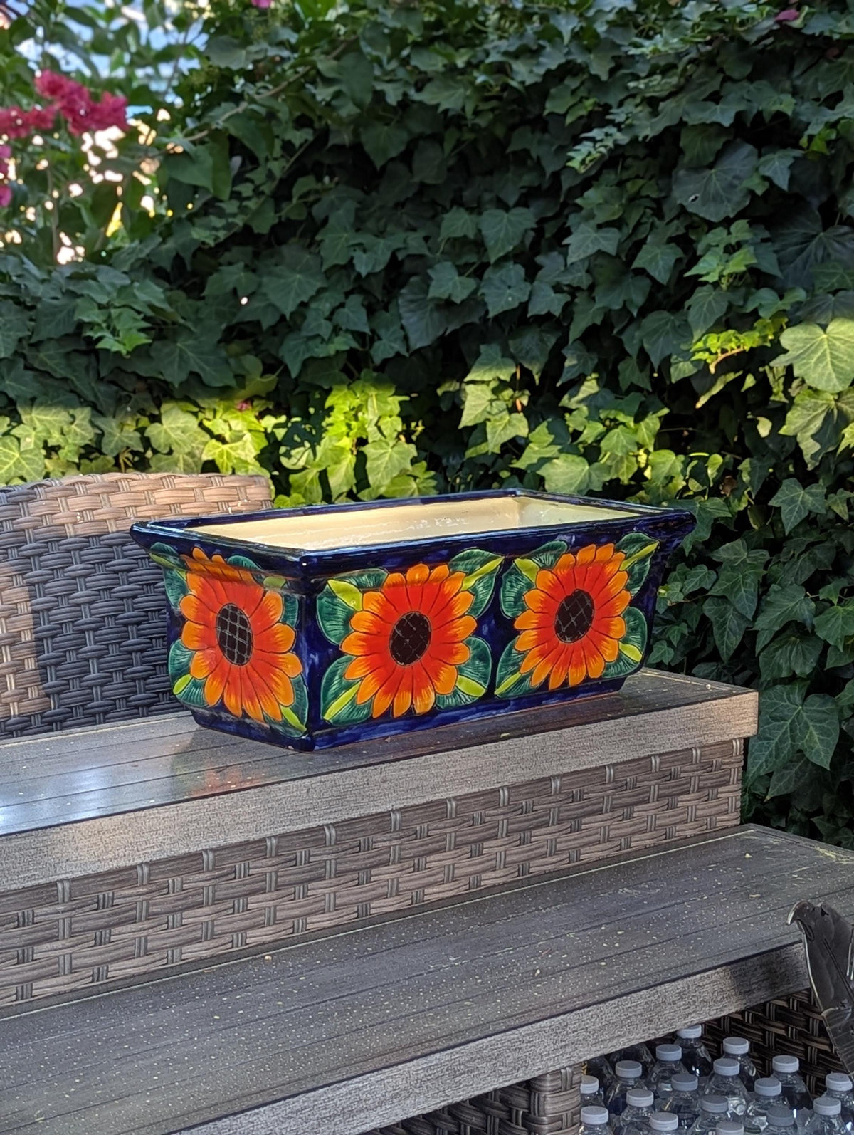 Window Box Planter is Handmade Talavera Mexican Pottery with a Sunflower Lily Motif