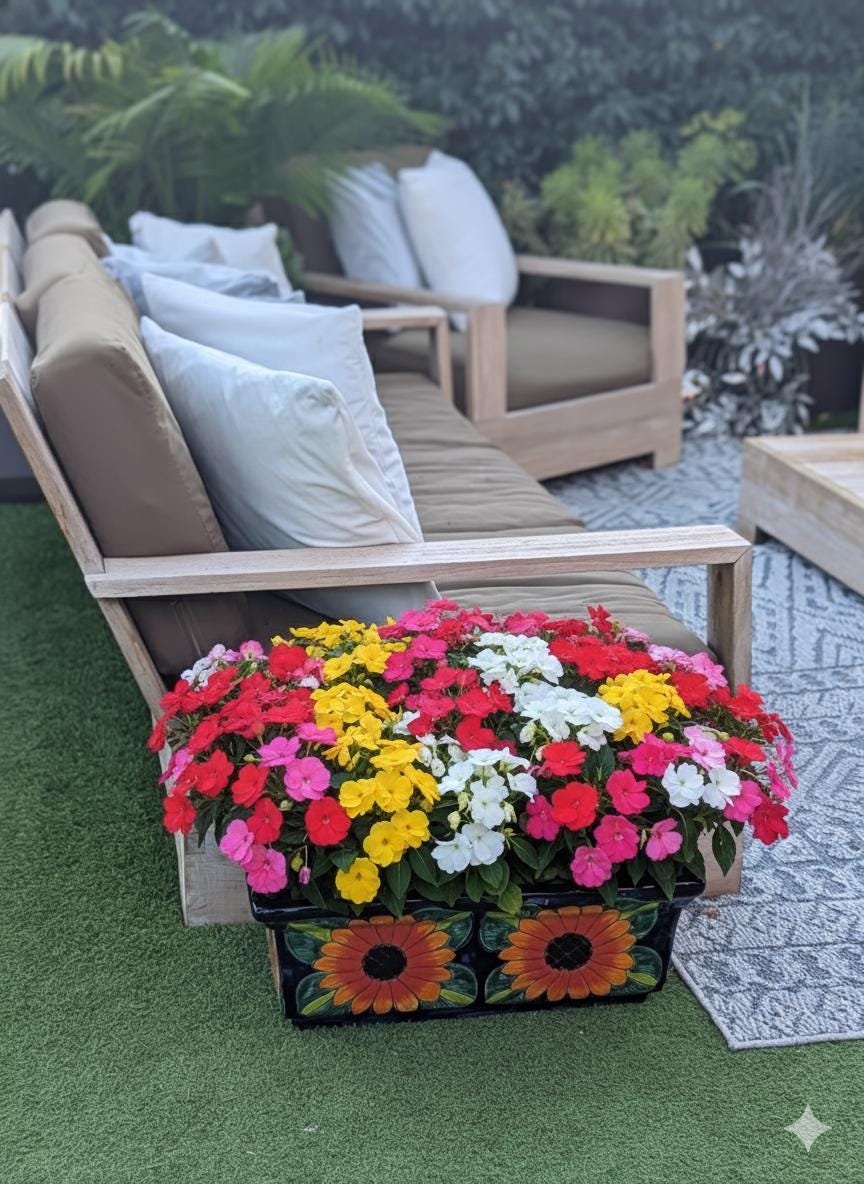 Window Box Planter is Handmade Talavera Mexican Pottery with a Sunflower Lily Motif
