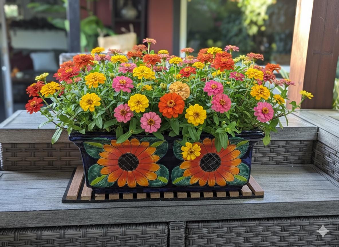 Window Box Planter is Handmade Talavera Mexican Pottery with a Sunflower Lily Motif