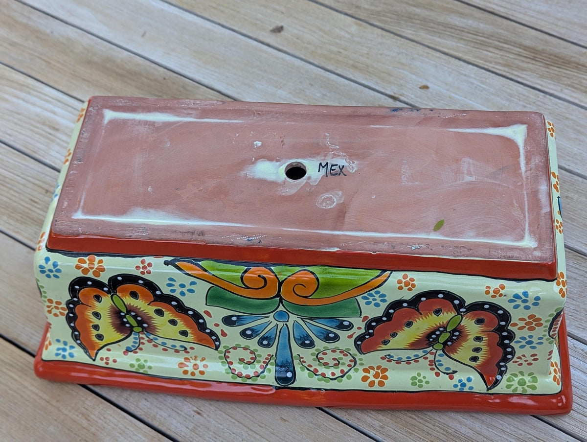 Window Box Planter is Handmade Talavera Mexican Pottery with a Butterflies Motif