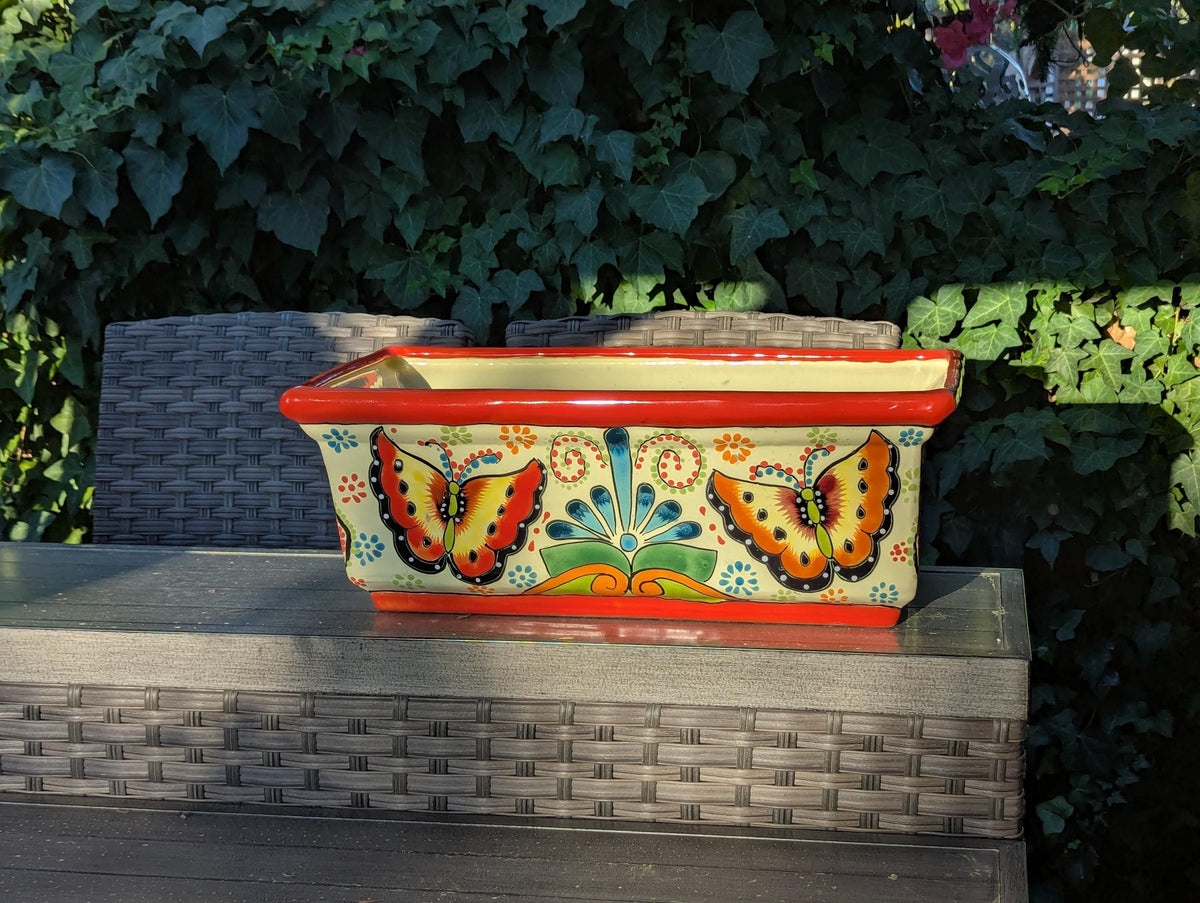 Window Box Planter is Handmade Talavera Mexican Pottery with a Butterflies Motif