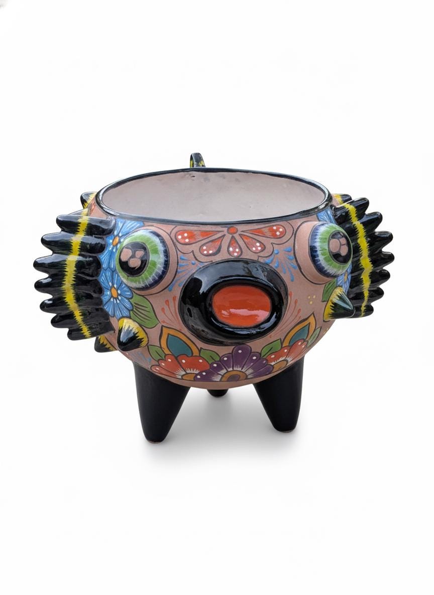 Hand-Painted Talavera Blowfish Planter: Mexican Pottery Garden Decor