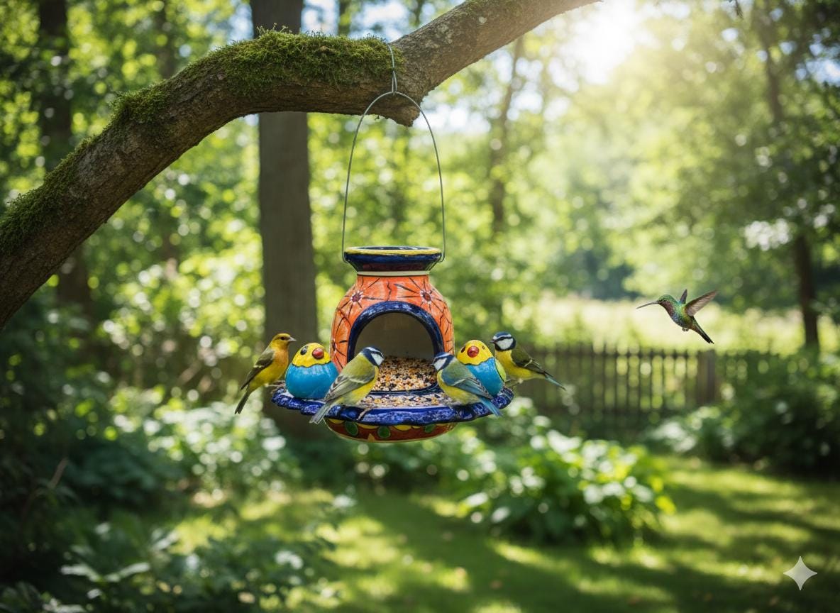 Ceramic Bird Feeder Talavera Pottery, Decorative Outdoor Hanging Feeder Station with Chain, Handmade Mexican Pottery Attract Wild Birds