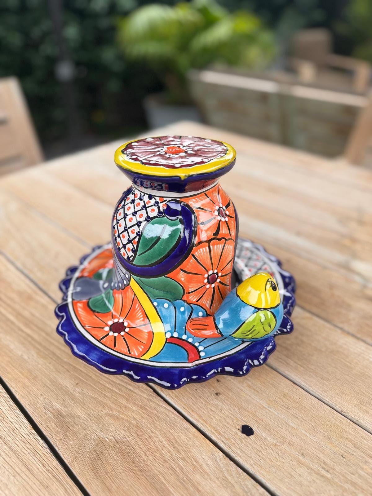 Ceramic Bird Feeder Talavera Pottery, Decorative Outdoor Hanging Feeder Station with Chain, Handmade Mexican Pottery Attract Wild Birds