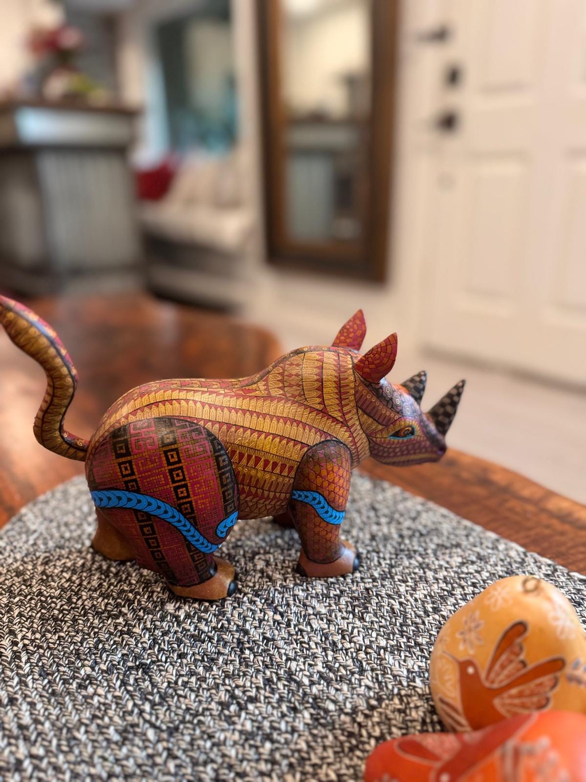 Rhino Alebrije is Genuine Mexican Folk Art | Vibrant Handcraftsmanship on this Oaxacan Wood Carving is Superb, Collectible Home Decor