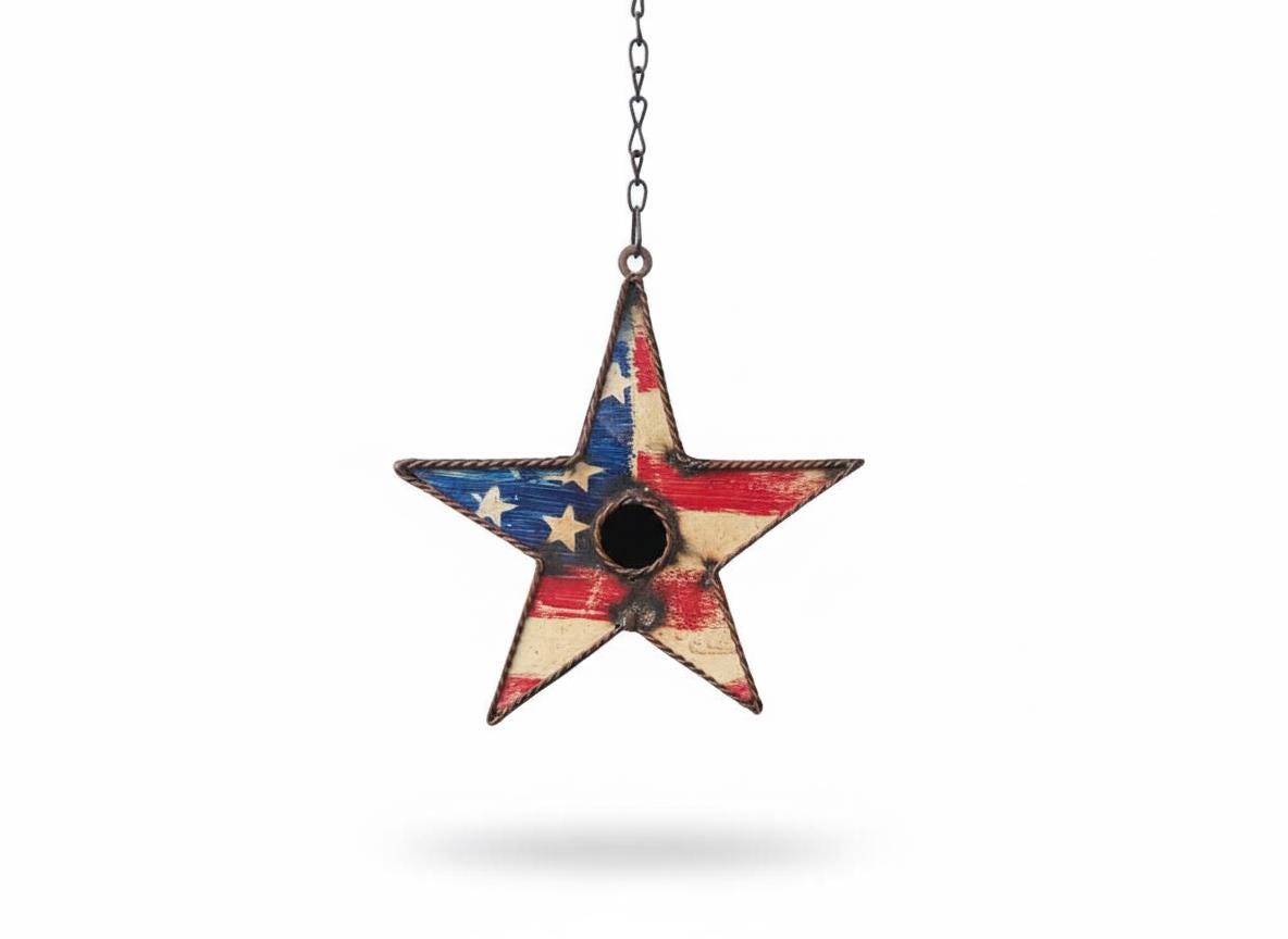 Rustic Star Metal Birdhouse Unique Patriotic Style, Outdoor or Indoor Decorative Birdhouse Decor Handmade in Mexico
