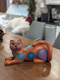 Cat Alebrije is Genuine Mexican Folk Art | Vibrant Handcraftsmanship on this Oaxacan Wood Carving is Superb, Collectible Home Decor