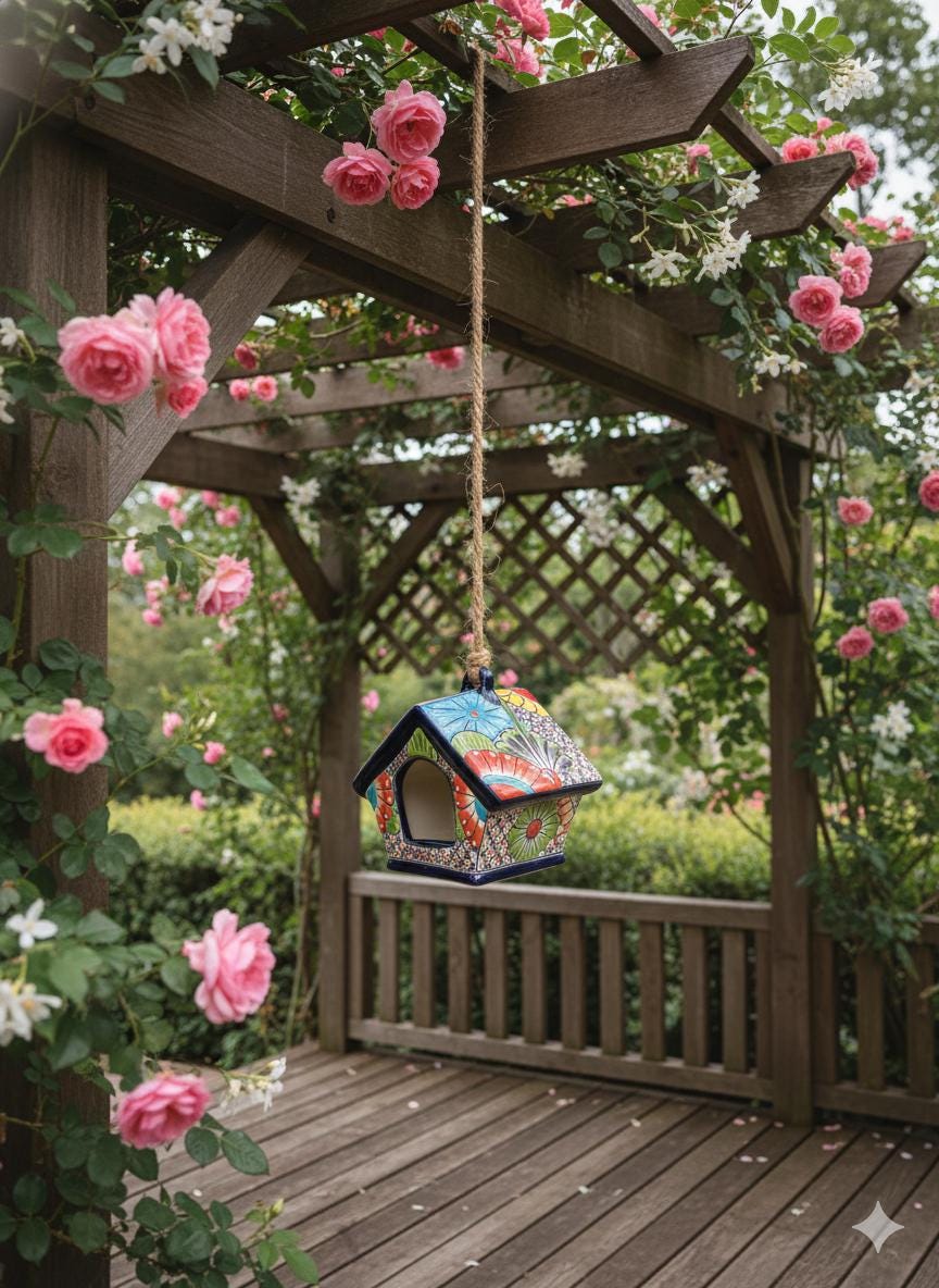 Ceramic Bird Feeder Talavera Pottery, Decorative Outdoor Hanging Feeder Station, Handmade Mexican Pottery Attract Wild Birds