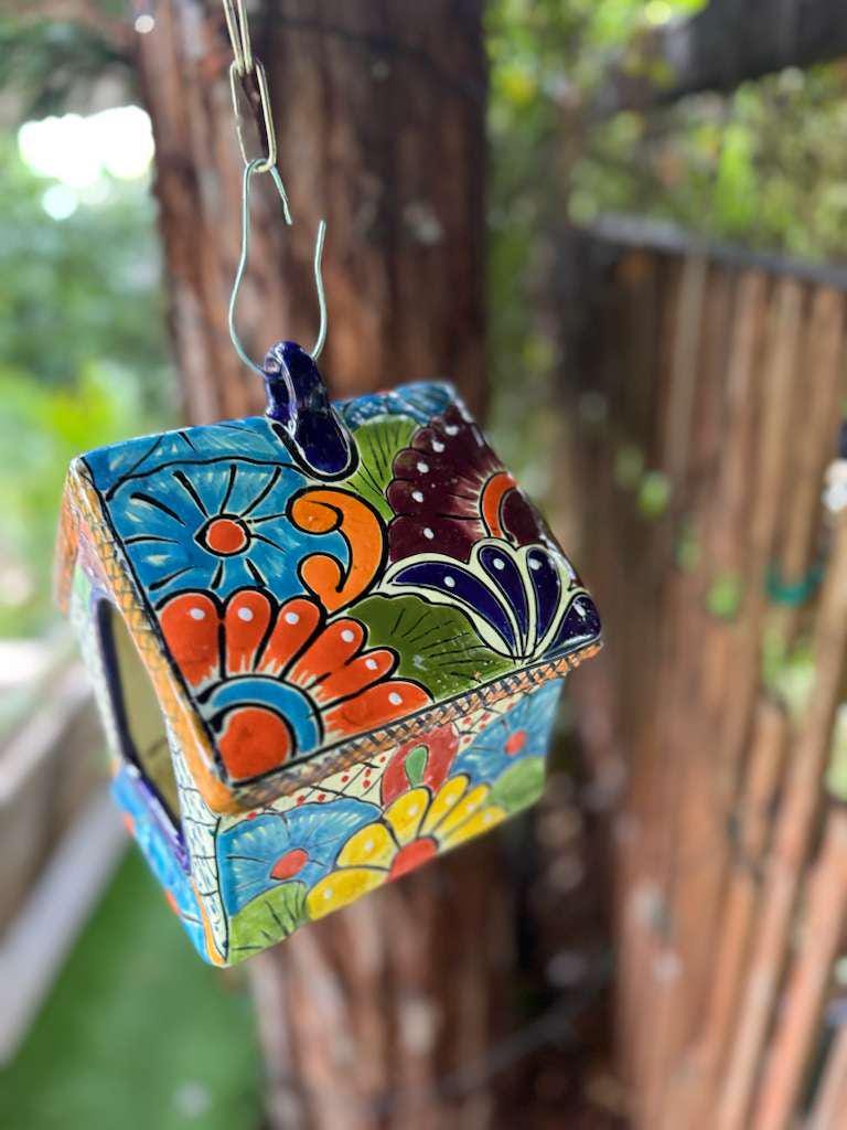 Ceramic Bird Feeder Talavera Pottery, Decorative Outdoor Hanging Feeder Station, Handmade Mexican Pottery Attract Wild Birds