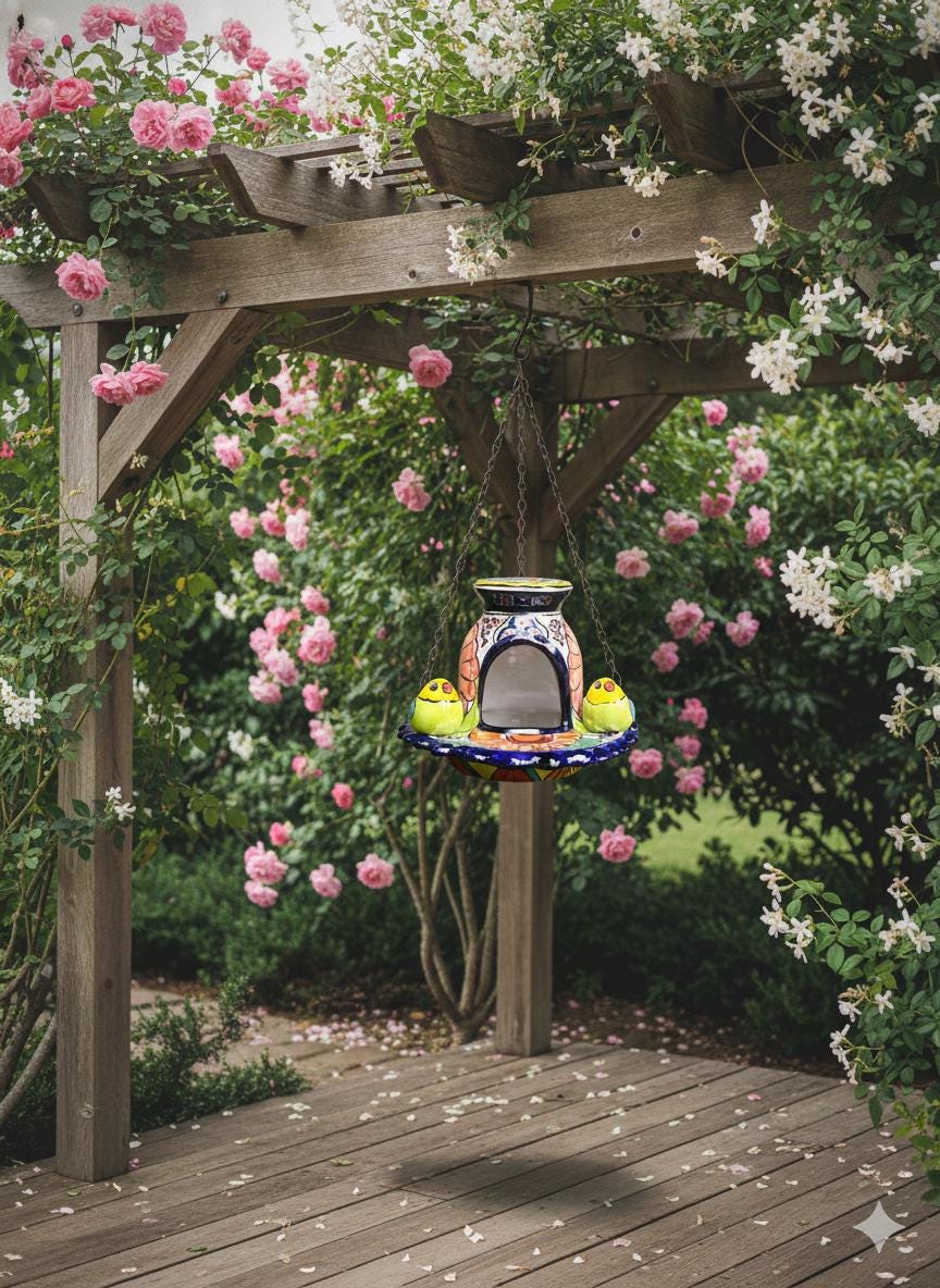 Ceramic Bird Feeder Talavera Pottery, Decorative Outdoor Hanging Feeder Station with Chain, Handmade Mexican Pottery Attract Wild Birds