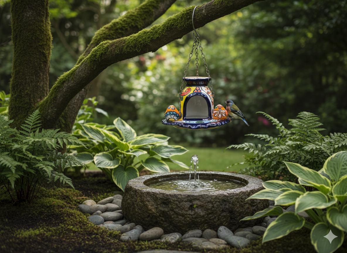 Ceramic Bird Feeder Talavera Pottery, Decorative Outdoor Hanging Feeder Station with Chain, Handmade Mexican Pottery Attract Wild Birds