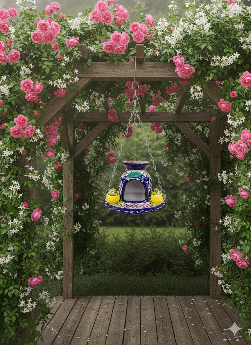 Ceramic Bird Feeder Talavera Pottery, Decorative Outdoor Hanging Feeder Station with Chain, Handmade Mexican Pottery Attract Wild Birds