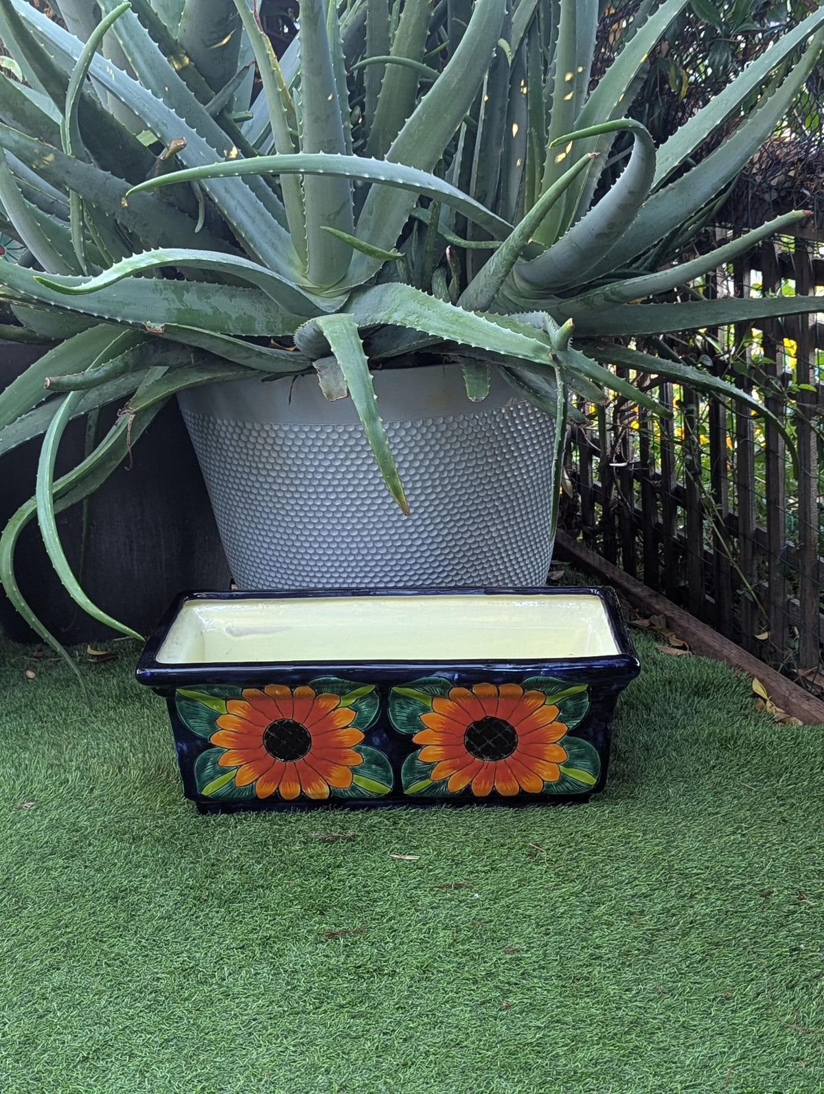 Window Box Planter is Handmade Talavera Mexican Pottery with a Sunflower Lily Motif