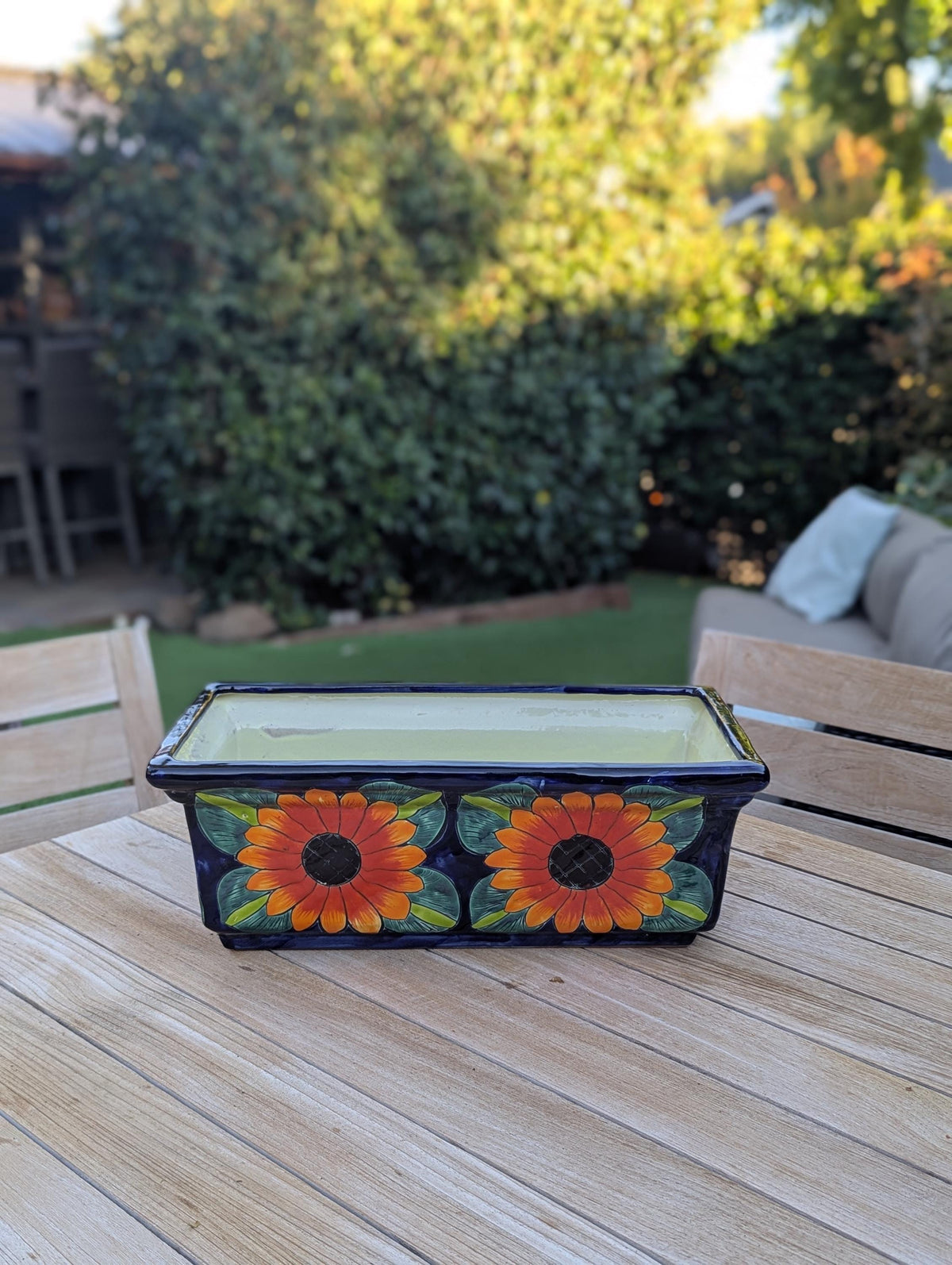 Window Box Planter is Handmade Talavera Mexican Pottery with a Sunflower Lily Motif
