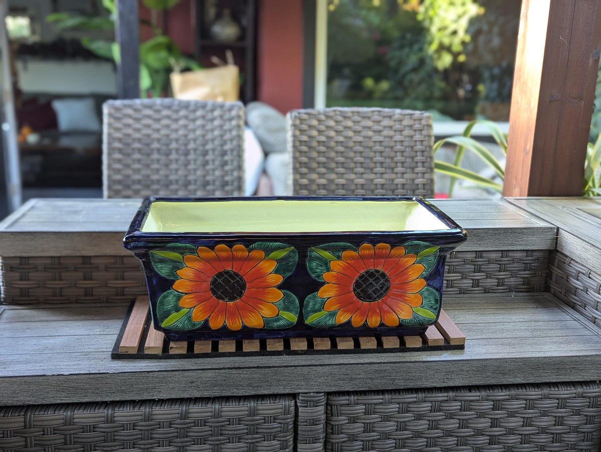 Window Box Planter is Handmade Talavera Mexican Pottery with a Sunflower Lily Motif
