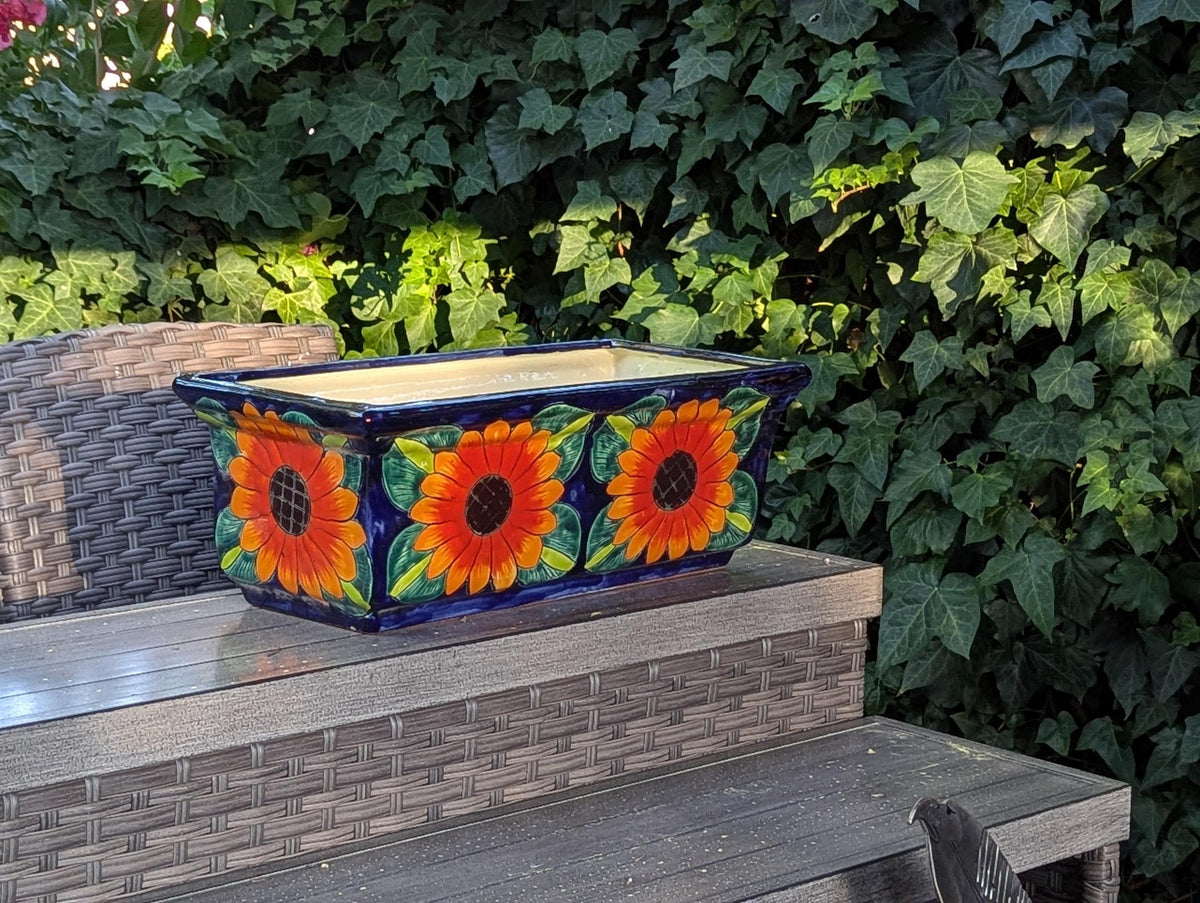 Window Box Planter is Handmade Talavera Mexican Pottery with a Sunflower Lily Motif