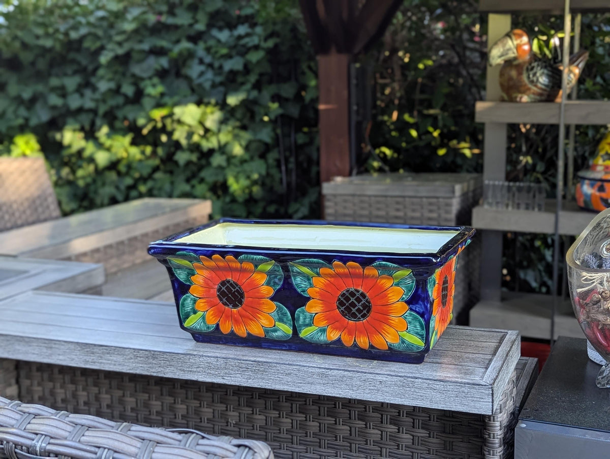 Window Box Planter is Handmade Talavera Mexican Pottery with a Sunflower Lily Motif