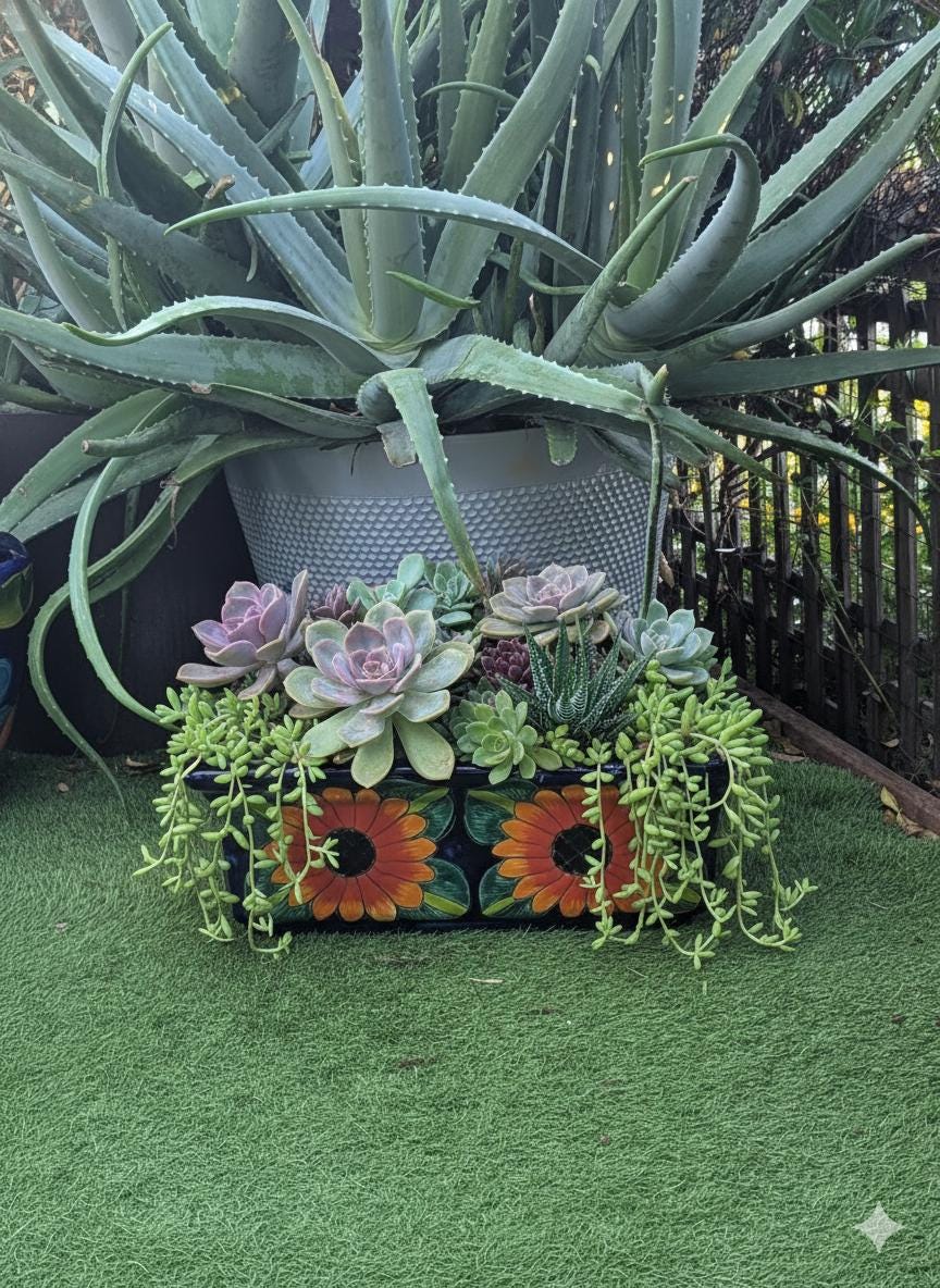 Window Box Planter is Handmade Talavera Mexican Pottery with a Sunflower Lily Motif