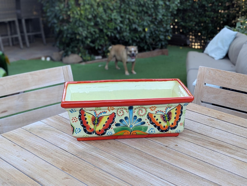 Window Box Planter is Handmade Talavera Mexican Pottery with a Butterflies Motif