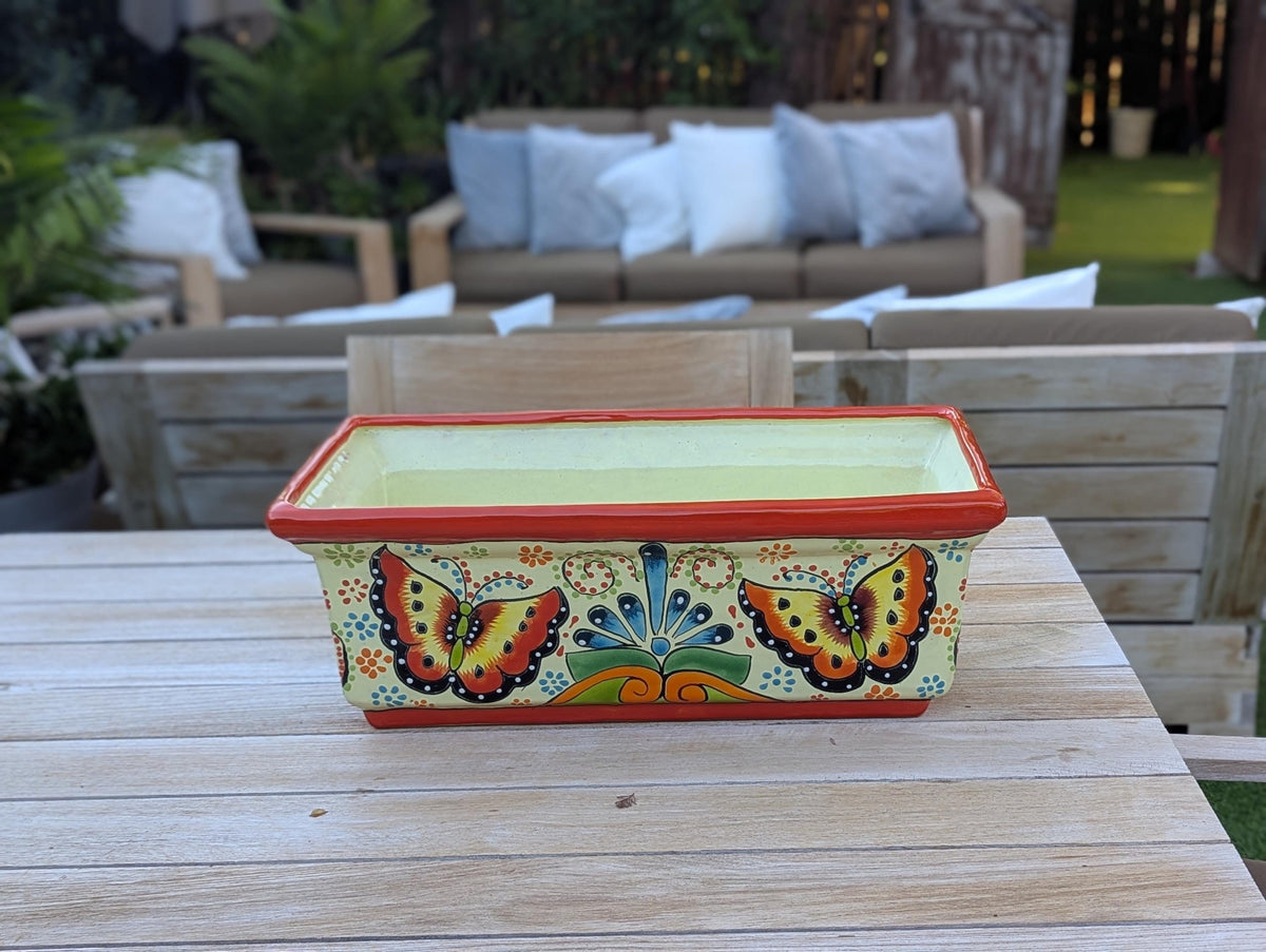 Window Box Planter is Handmade Talavera Mexican Pottery with a Butterflies Motif