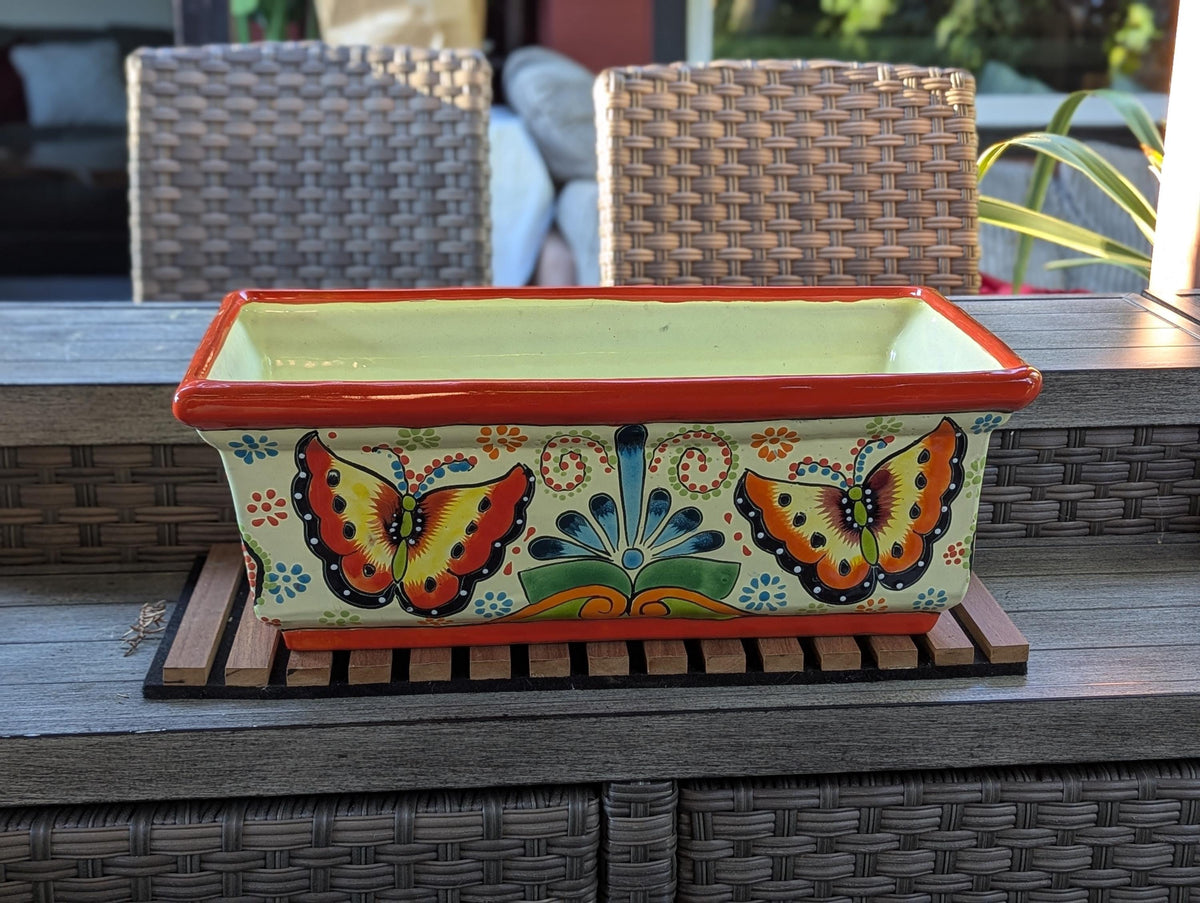 Window Box Planter is Handmade Talavera Mexican Pottery with a Butterflies Motif