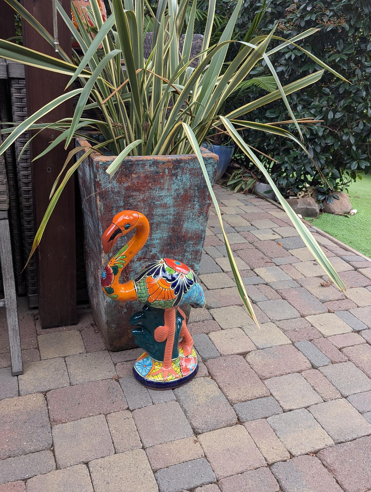 Orange Flamingo Garden Decor is Ceramic Mexican Talavera Pottery & Yard Art
