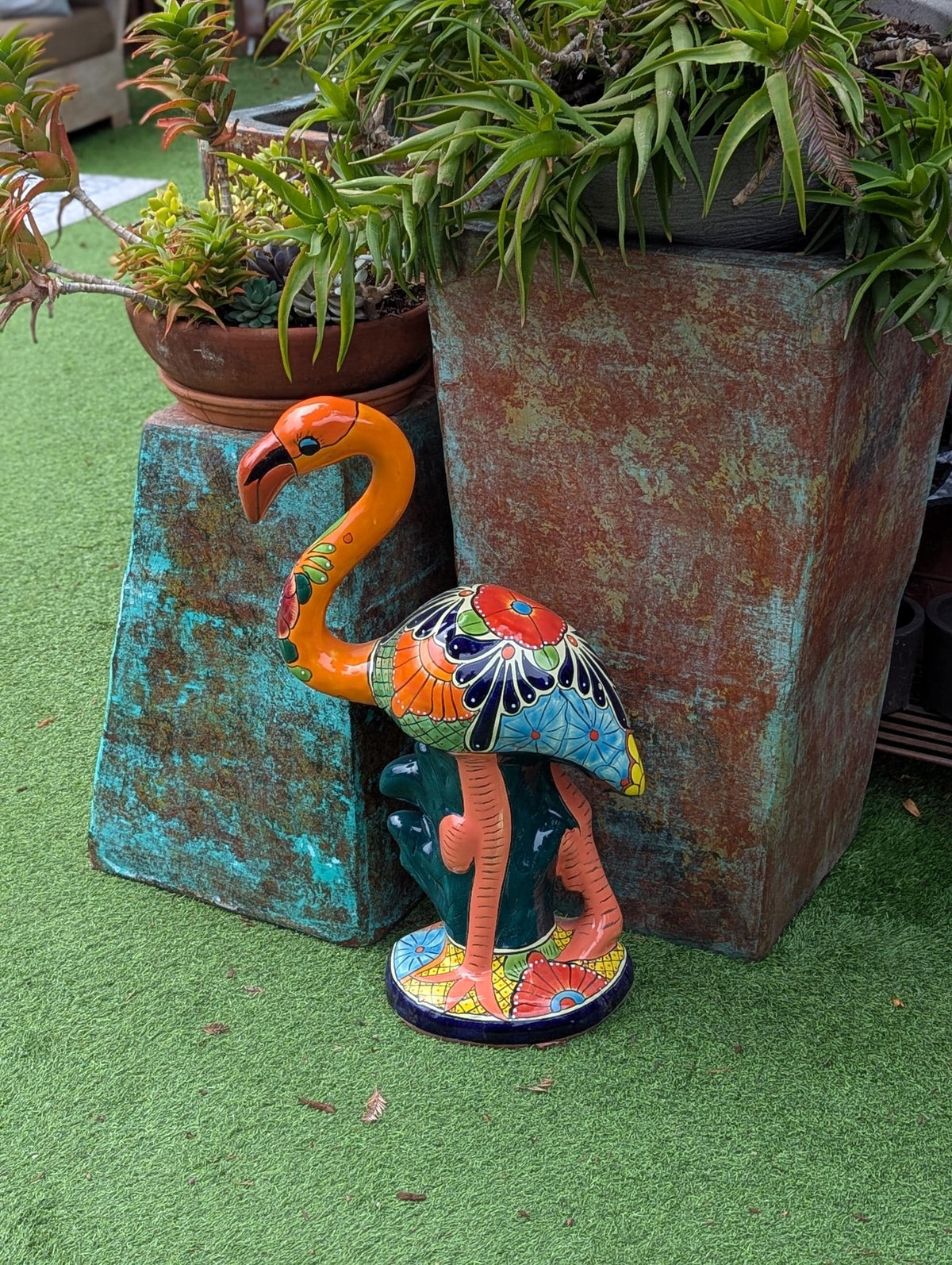 Orange Flamingo Garden Decor is Ceramic Mexican Talavera Pottery & Yard Art