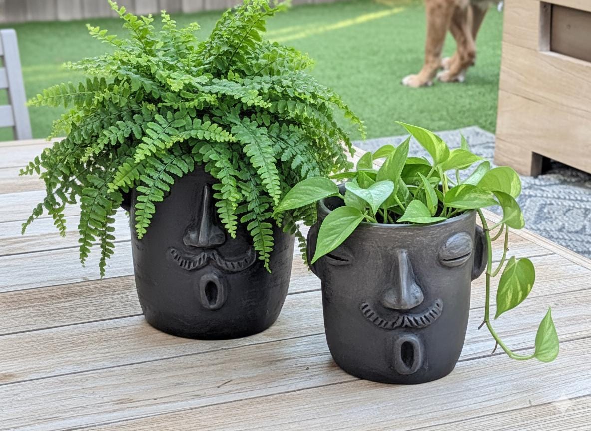 Mustache Whistler Face Planter & Flower Pot is Handmade Mexican Pottery from Atzompa Mexico | Use as Indoor Home Decor or Outdoor Yard Art