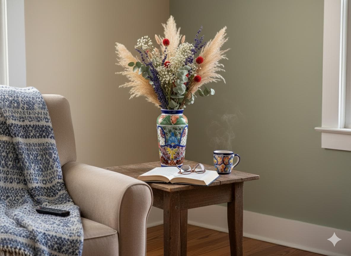 Ceramic Talavera Vase is Exquisite Handmade Mexican Pottery | Decorative &quot;Marisela&quot; Floral Vase is Gorgeous Home Decor & Centerpiece