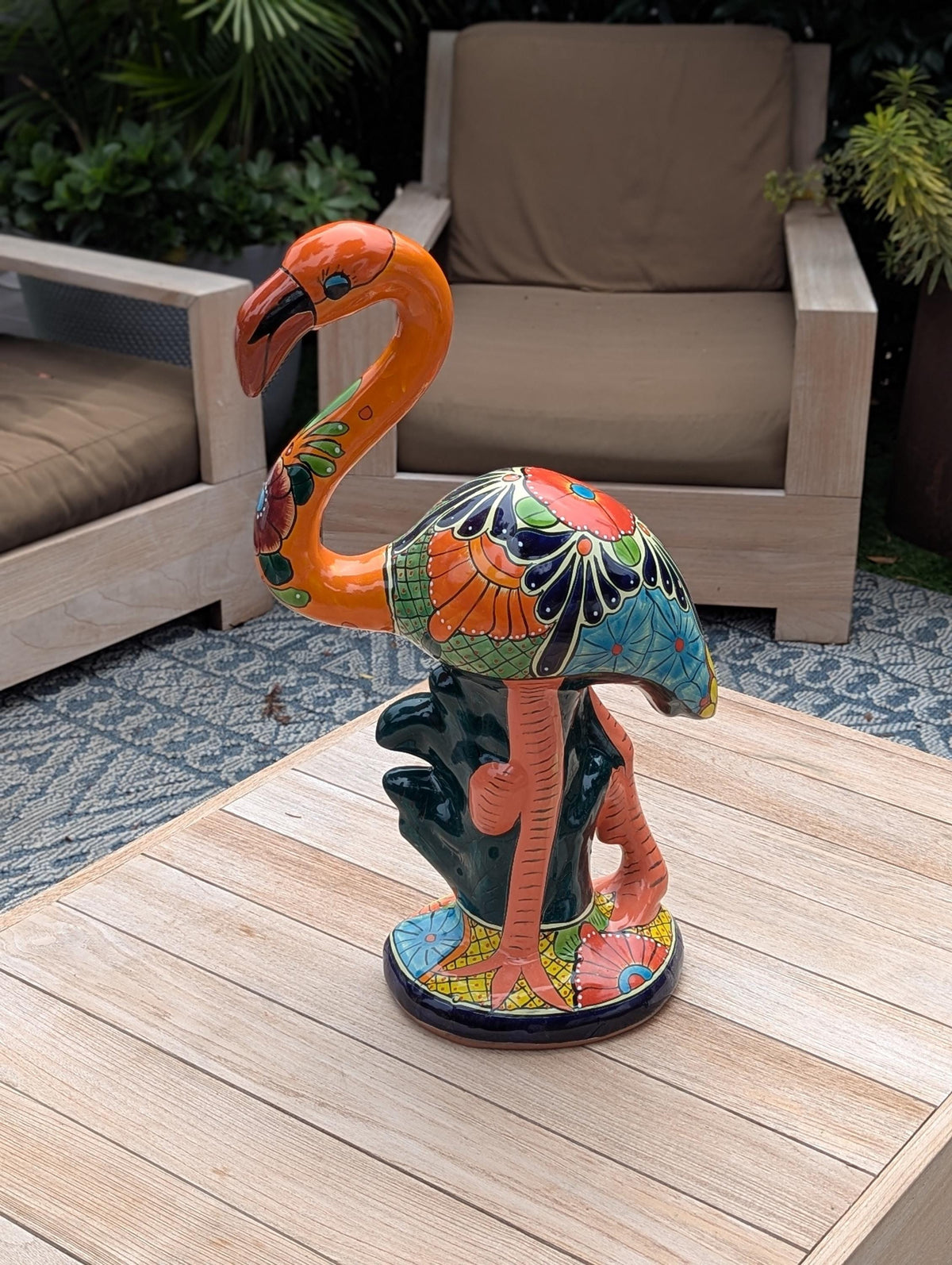 Orange Flamingo Garden Decor is Ceramic Mexican Talavera Pottery & Yard Art