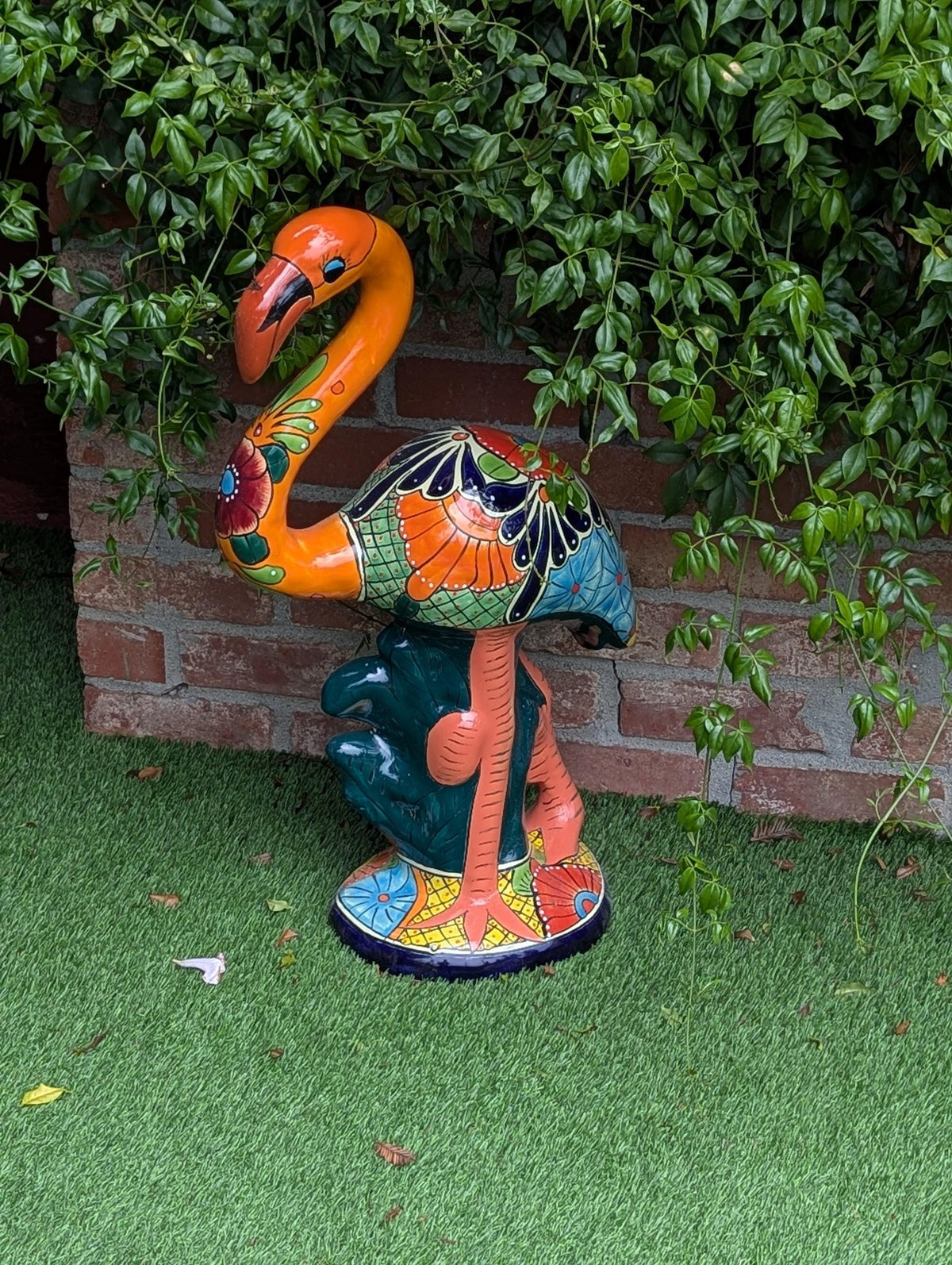 Orange Flamingo Garden Decor is Ceramic Mexican Talavera Pottery & Yard Art