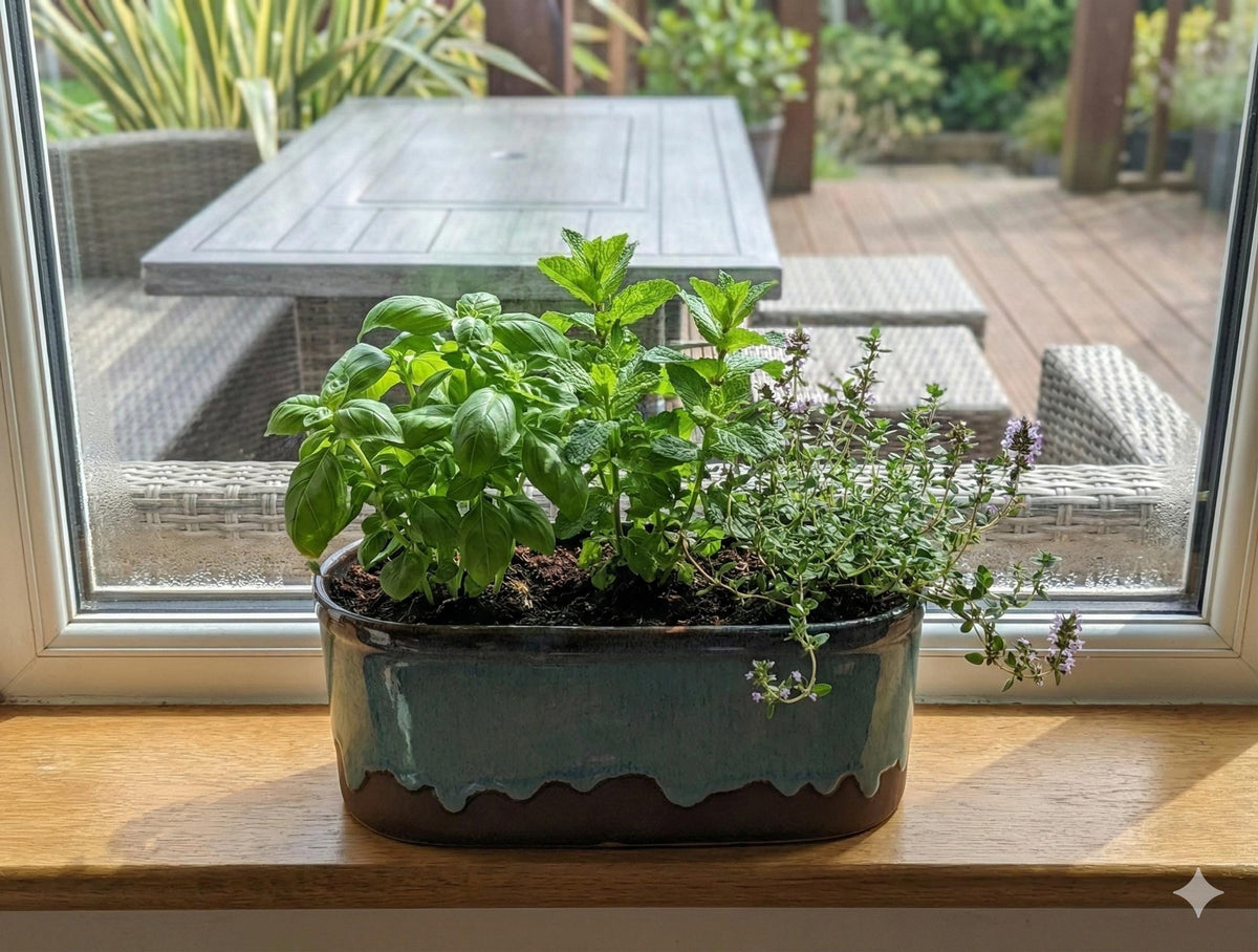 Herb planter on a windowsill with outdoor furniture in the background