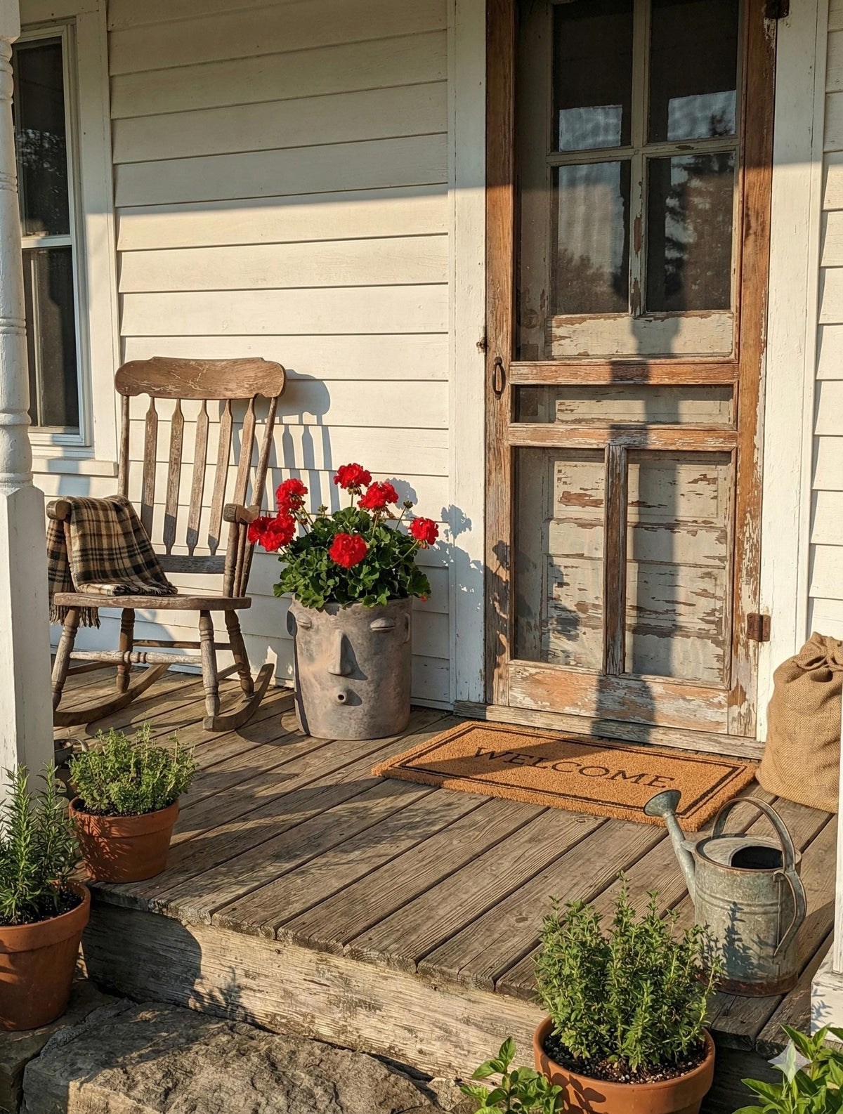Front porch with wooden rocking chair, potted plants, and a rustic door.