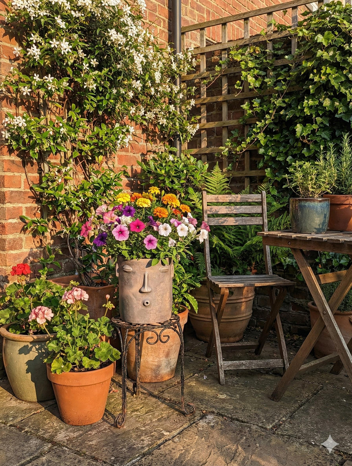 Outdoor garden scene with potted plants, a chair, and a table against a brick wall.