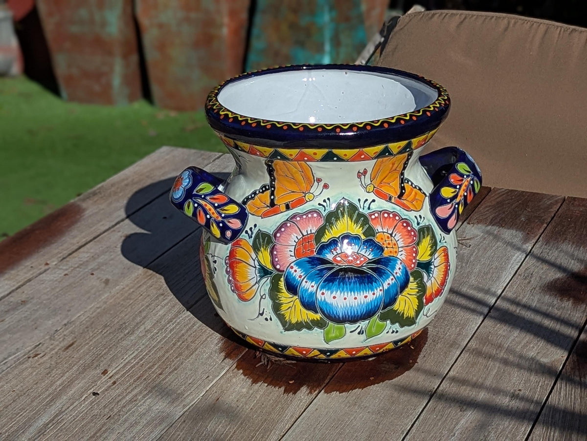 Butterfly Flower Pot | 10.5" Tall Ceramic Talavera Planter is Handmade Mexican Pottery