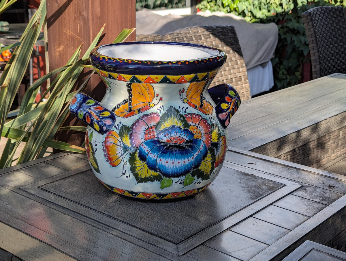 Butterfly Flower Pot | 10.5" Tall Ceramic Talavera Planter is Handmade Mexican Pottery