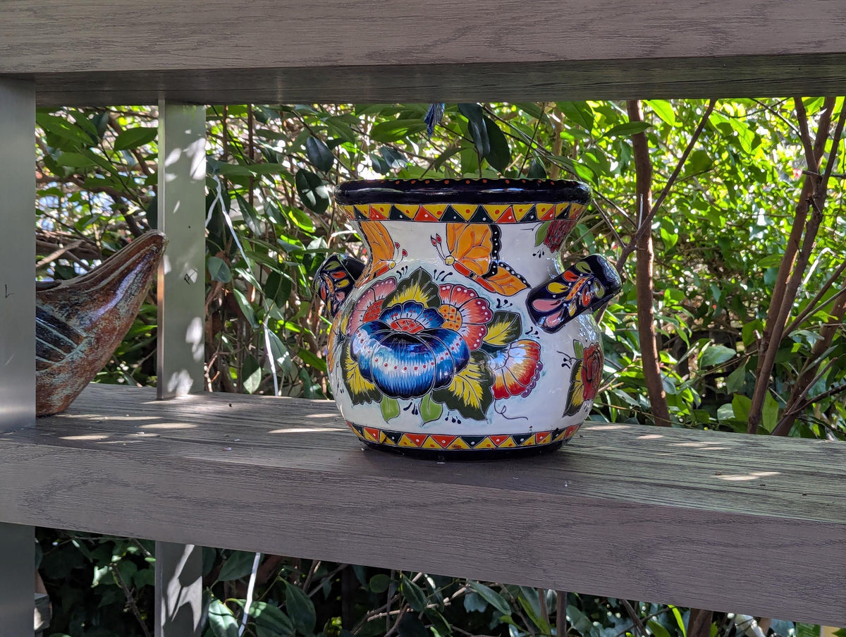 Butterfly Flower Pot | 10.5" Tall Ceramic Talavera Planter is Handmade Mexican Pottery