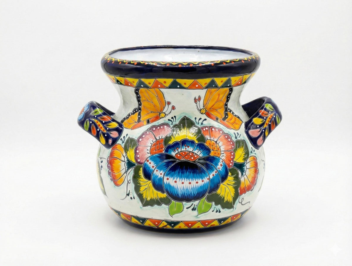 Butterfly Flower Pot | 10.5" Tall Ceramic Talavera Planter is Handmade Mexican Pottery