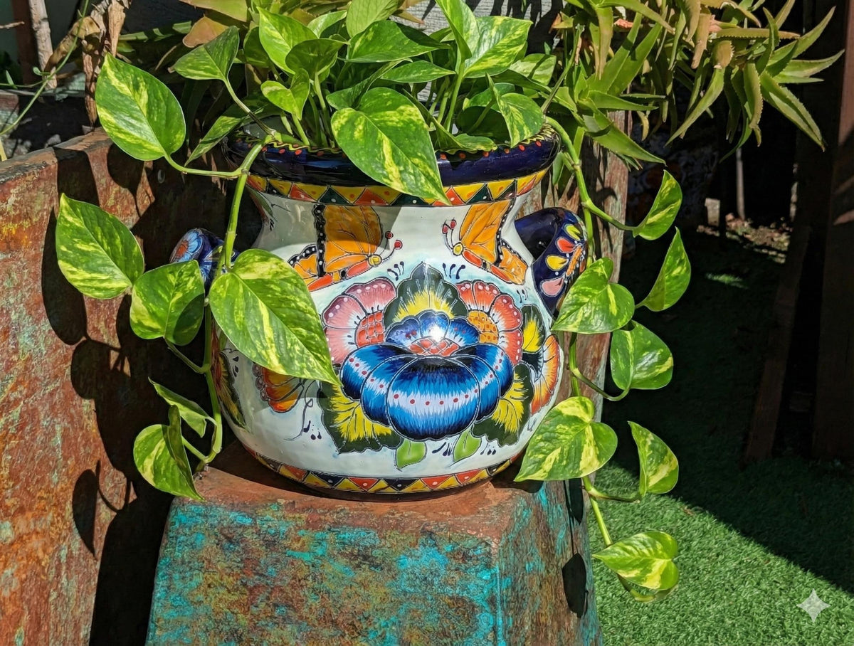 Butterfly Flower Pot | 10.5" Tall Ceramic Talavera Planter is Handmade Mexican Pottery