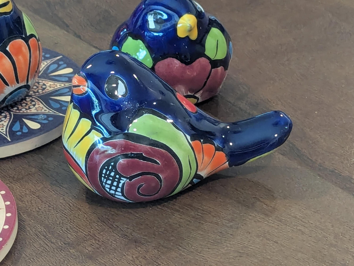 Talavera Birdie, Blue Headed | Handpainted Ceramic Bird from Mexico for Home or Garden Decor