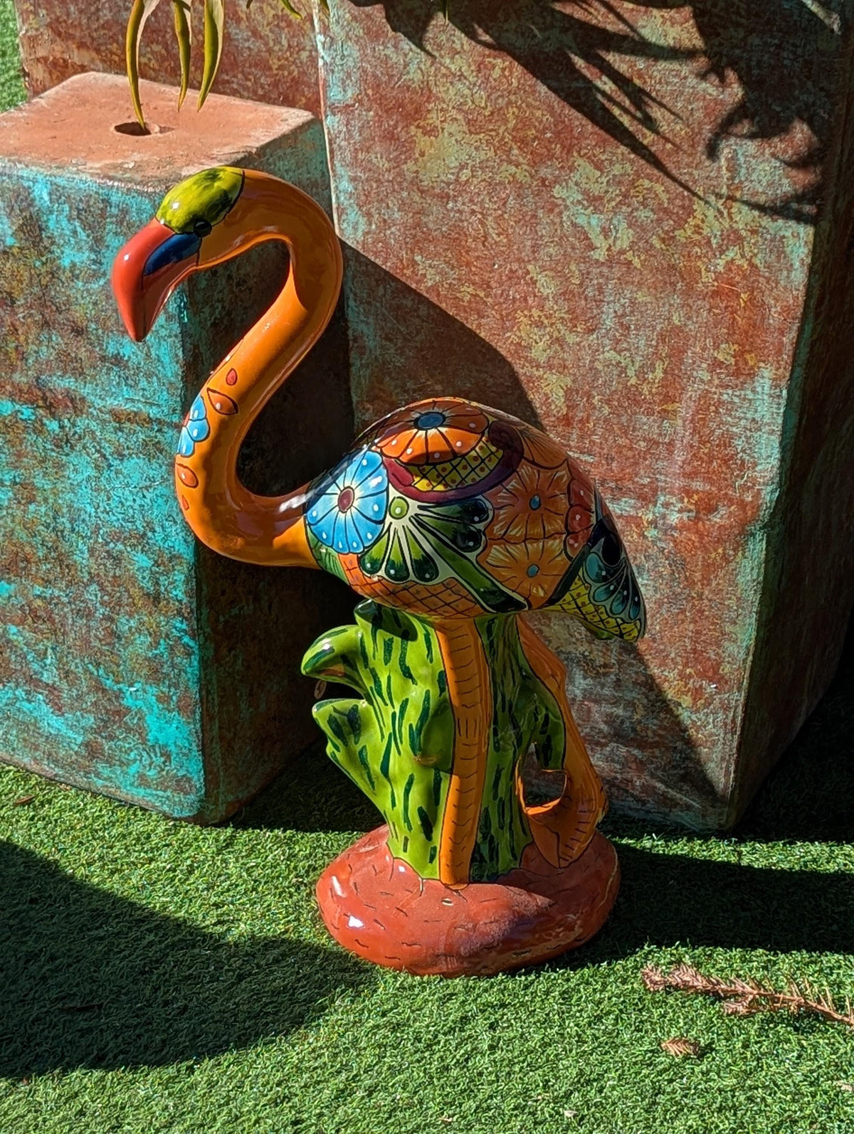 Talavera Flamingo, Hand-Painted Mexican Ceramic Pottery, Outdoor Decor