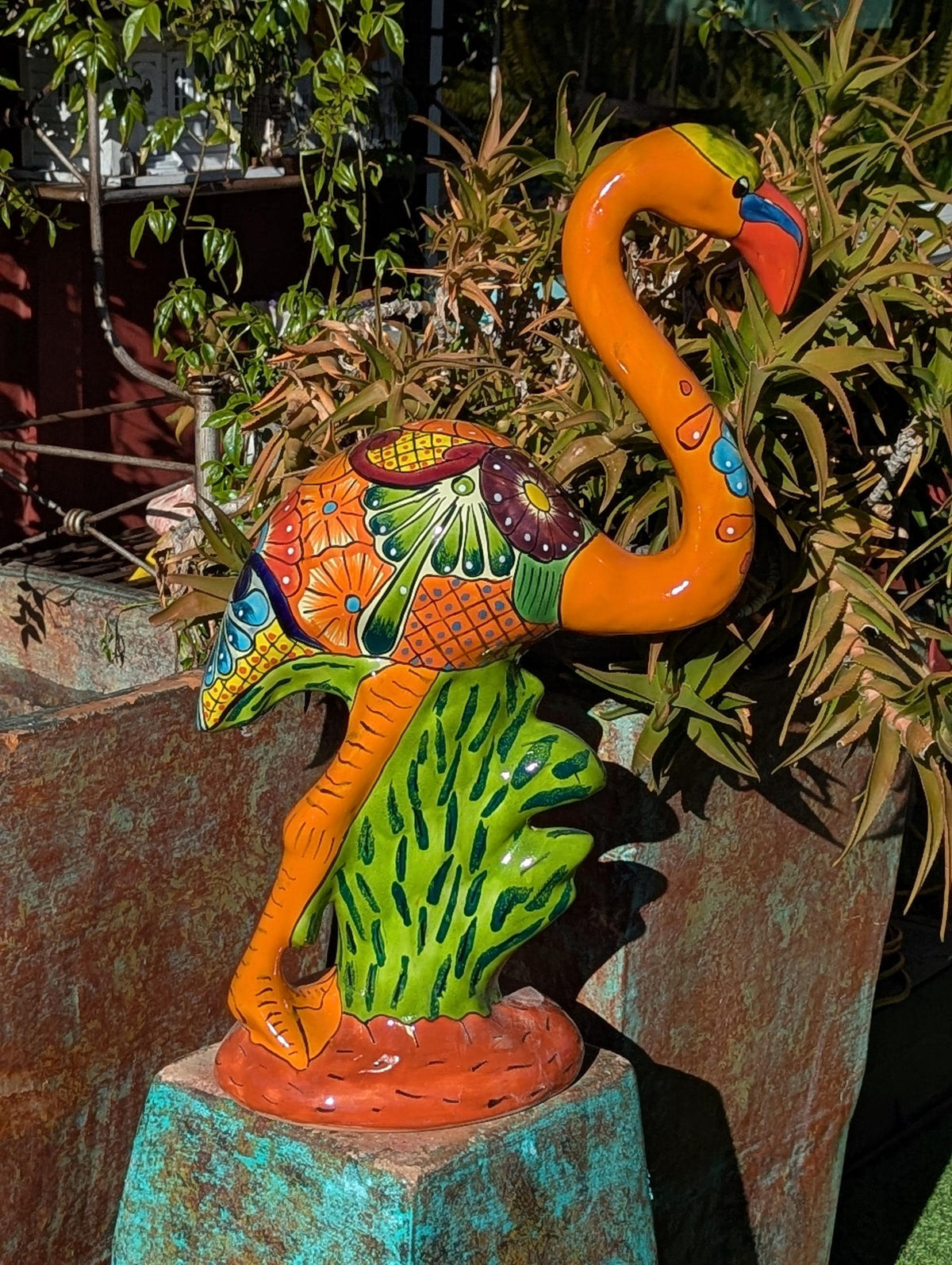 Talavera Flamingo, Hand-Painted Mexican Ceramic Pottery, Outdoor Decor