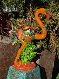 Talavera Flamingo, Hand-Painted Mexican Ceramic Pottery, Outdoor Decor