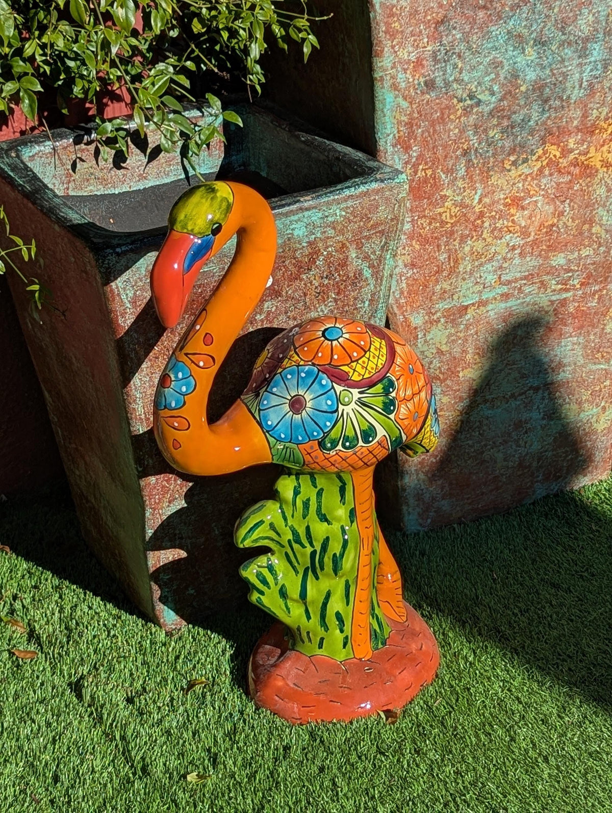 Talavera Flamingo, Hand-Painted Mexican Ceramic Pottery, Outdoor Decor